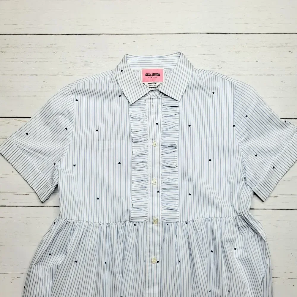 Kate‎ Spade Striped Button Down Mini Shirt Dress Hearts Blue White Cotton Small